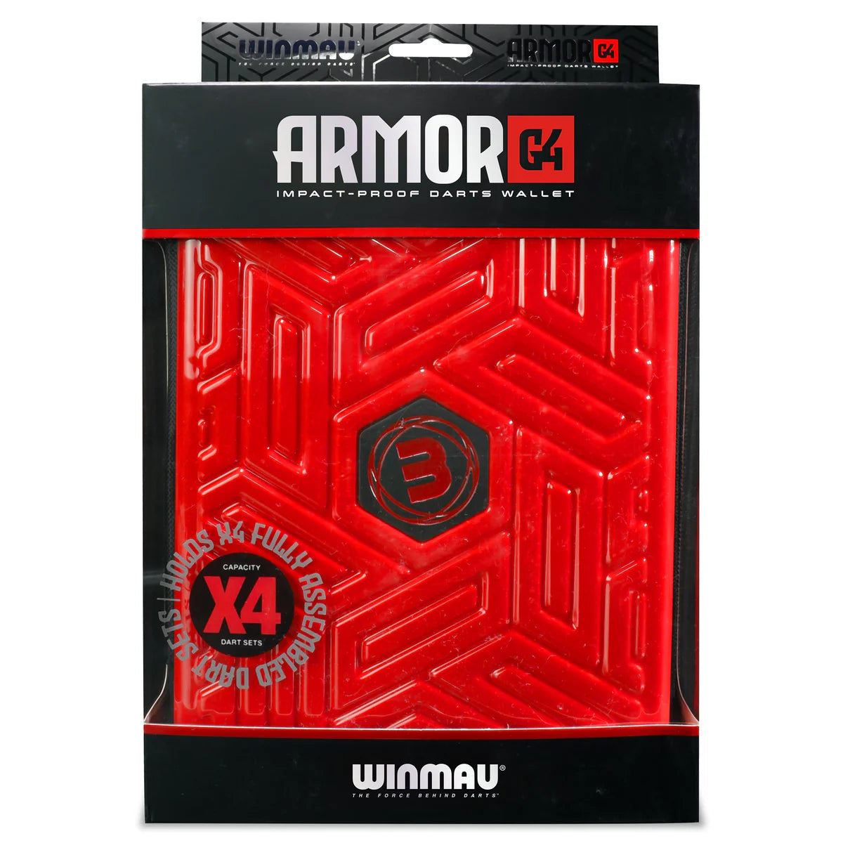 Red Armor G4 darts case in retail packaging, front view showing impact-proof texture and storage capacity for four dart sets