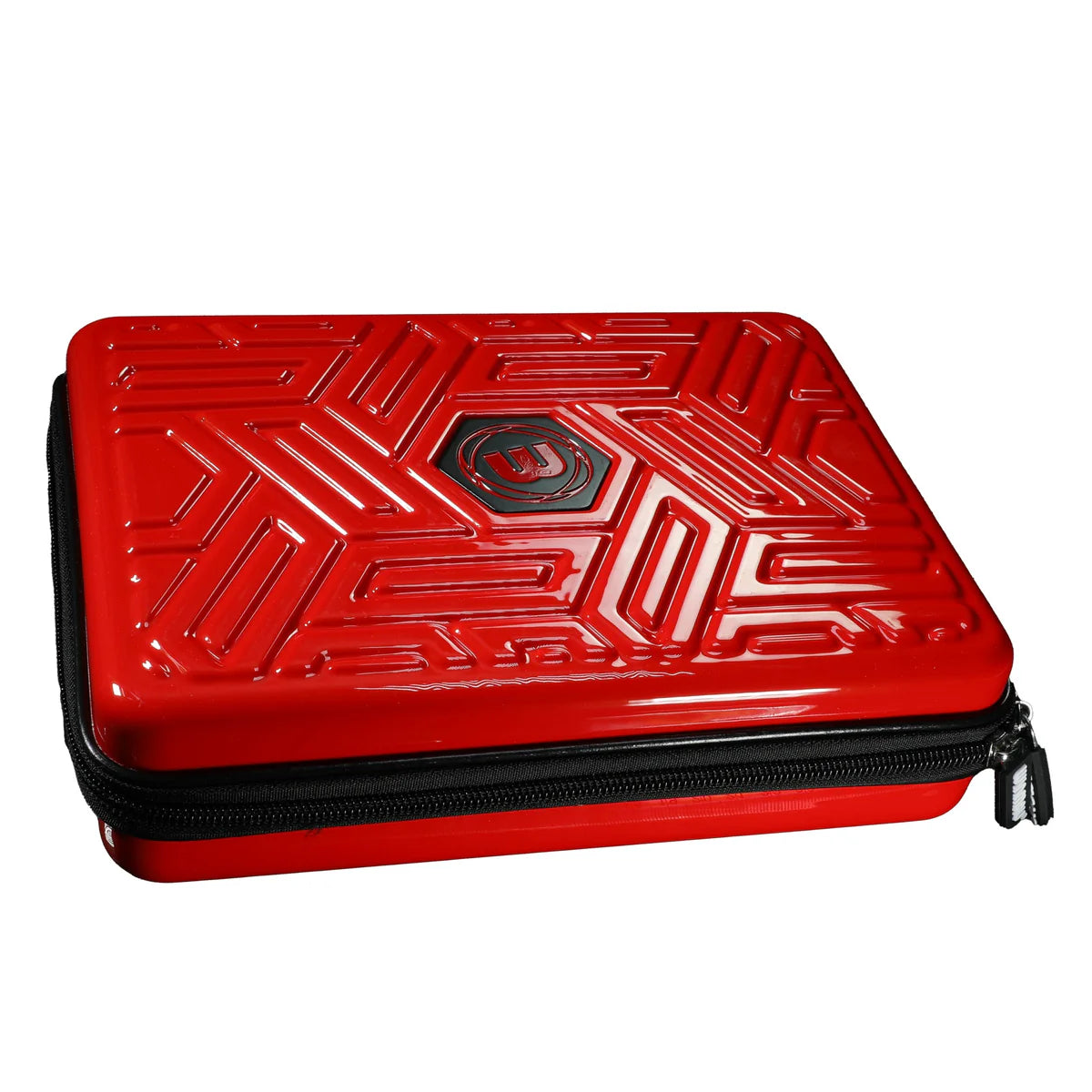 Red dart case with geometric textured hard shell, zip closure, angled view on white background for dart storage and protection