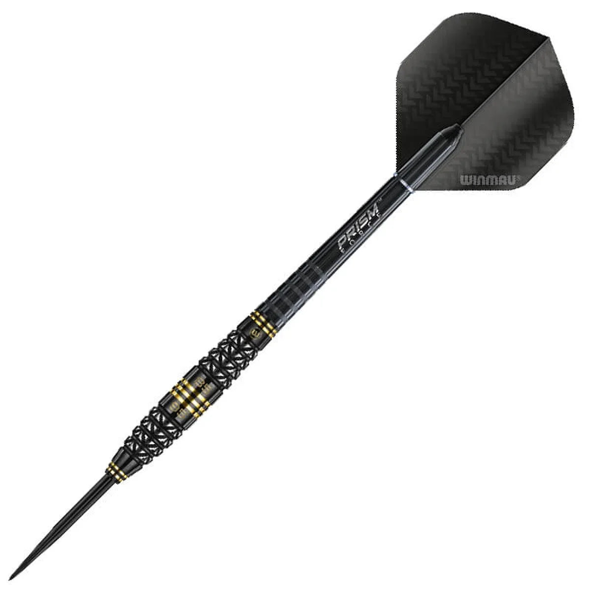 Single tungsten dart full view with black and gold dual core barrel, textured grip, Prism Force shaft, and carbon fiber flight