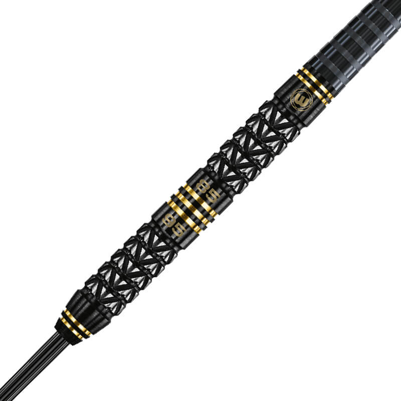 Macro shot of tungsten dart barrel showing detailed black and gold grip texture, engraved rings, and dual core technology