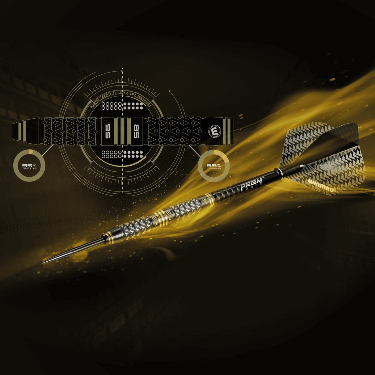 Angled view of tungsten dart showing detailed grip, carbon-look flight, dual core specs, and digital molecular fusion breakdown