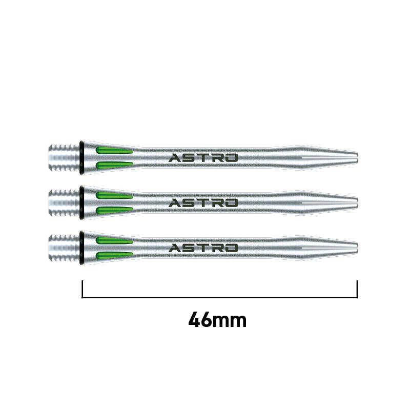 Three aluminium dart shafts with green detail shown top-down, 46mm length displayed for size reference, ideal for dart equipment buyers
