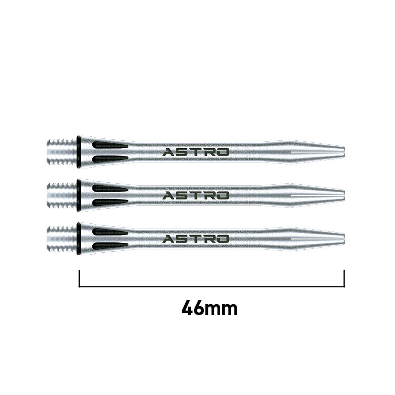 Three silver aluminium dart shafts top-down on white background with 46mm length scale, showing laser cut detailing and Astro branding.