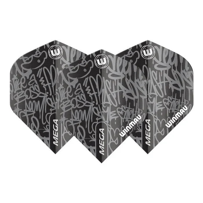 Three black Mega Standard dart flights with bold silver graffiti design, full product view on white background