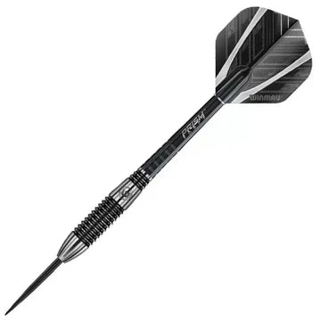 Single 90% tungsten dart full view on white, highlighting black barrel grip rings, bomb profile, and geometric prism flight design