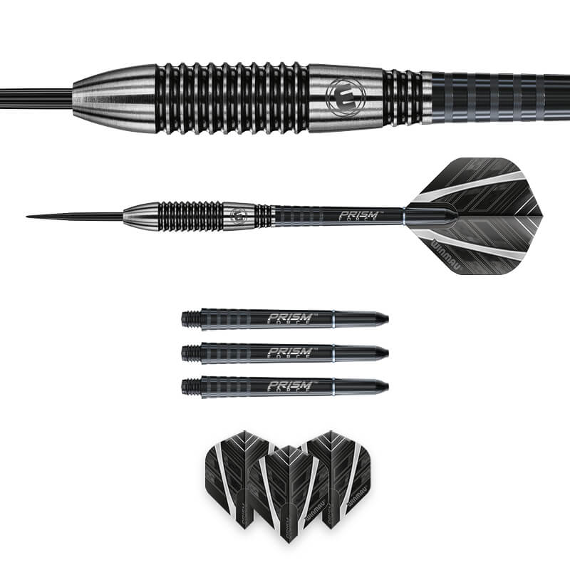 Blackout 2 Bomb 90% tungsten darts with detailed grip, three shafts, and flights arranged on white background