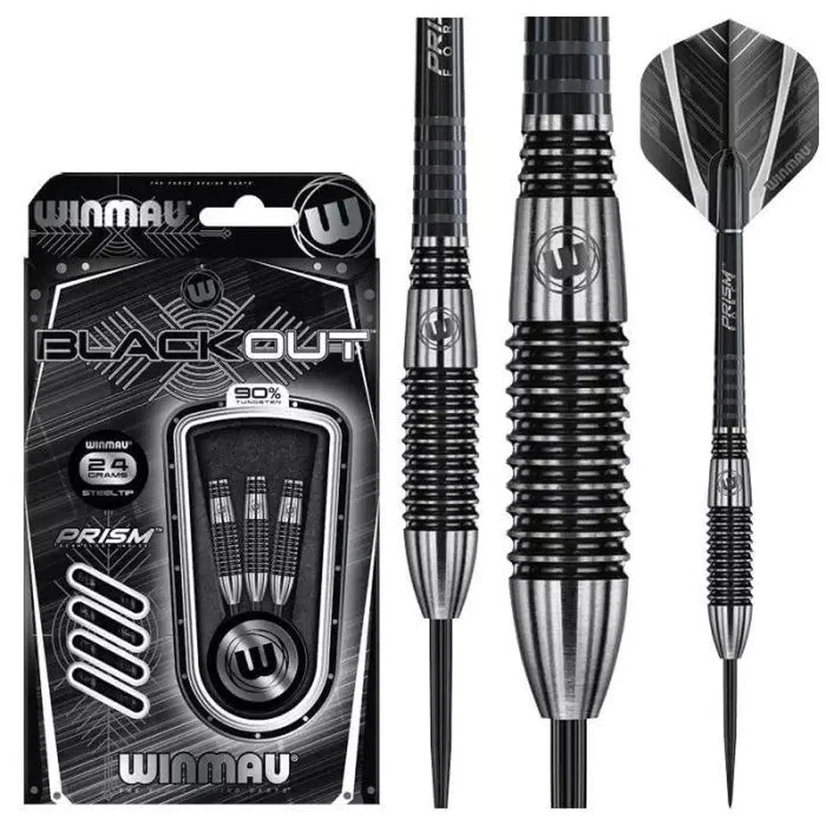 Steel-tip tungsten darts in retail packaging with close-up barrel grip texture and full dart assembly, isolated on white