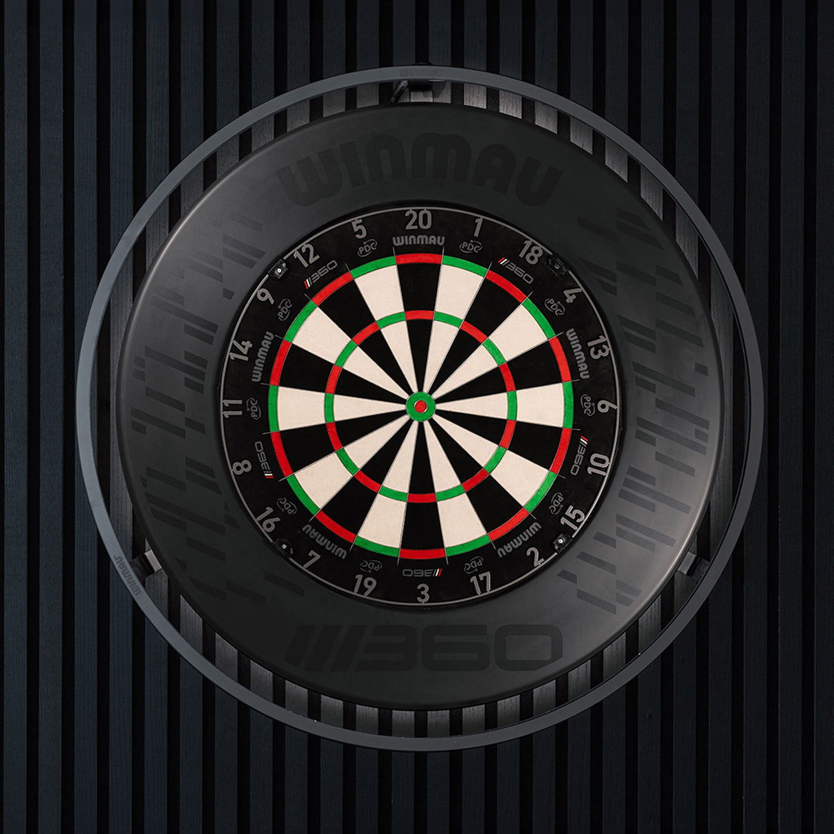 Full view dartboard with surround mounted on wall, showing numbered segments and bullseye, ideal for home darts setup