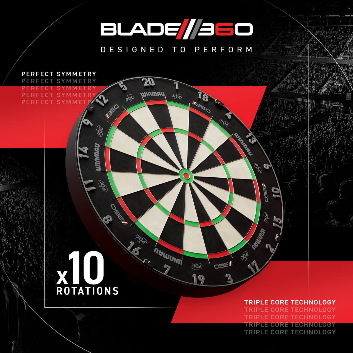 Angled view of a Blade 360 dartboard displaying triple core technology, perfect symmetry, and x10 rotation features for darts players