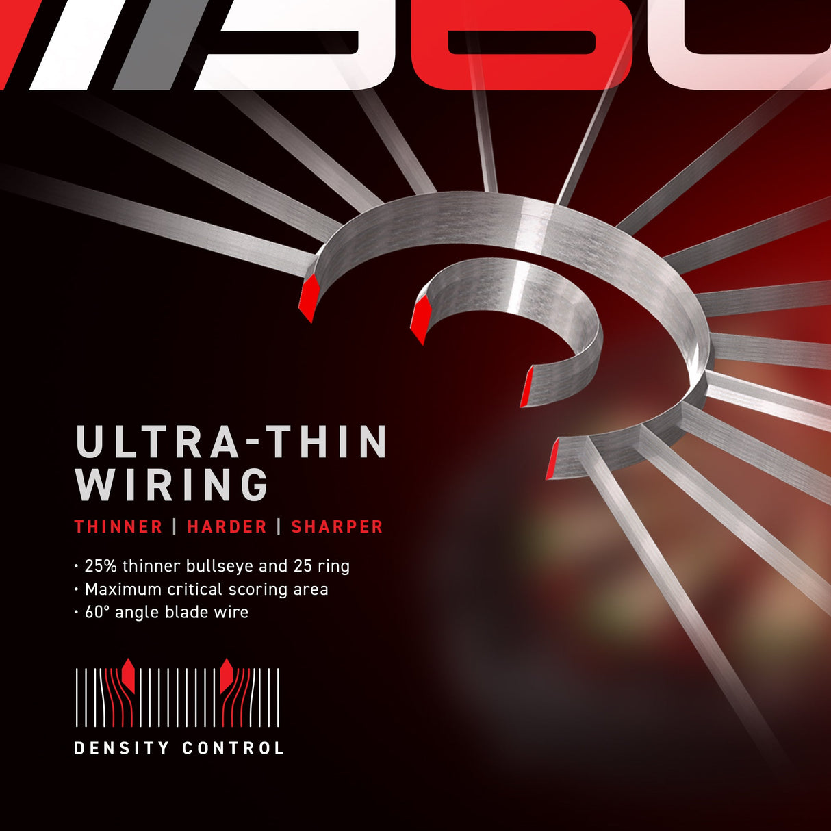 Close-up angled view of dartboard’s ultra-thin wiring showing 60-degree blade wire and density control, ideal for precision darts scoring.