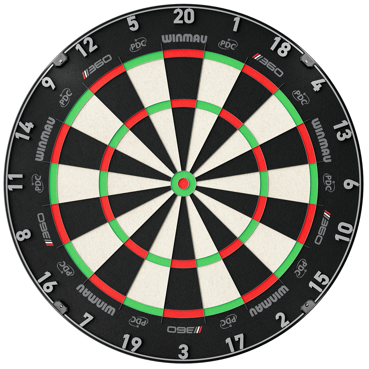 Full view dartboard top-down, isolated on white, showing detailed scoring segments, crisp numbering, and bullseye for dart games