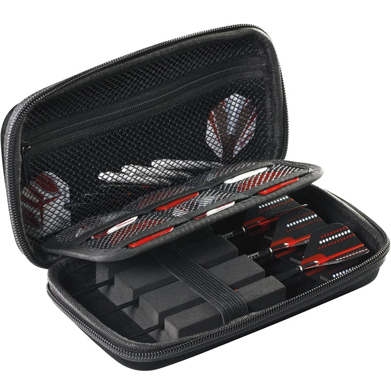 Open dart case displaying three fully assembled darts with flights and spare dart flights in mesh pocket, angled view for dart storage capacity
