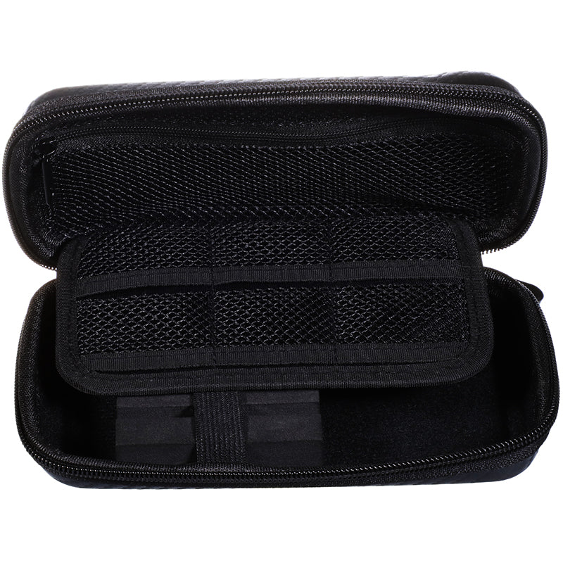 Open dart case top-down view showing mesh pockets and compartments for darts and accessories storage