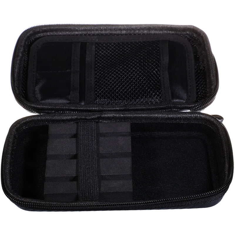 Open dart case top-down view displaying 10 inner compartments and mesh pocket for organized dart storage