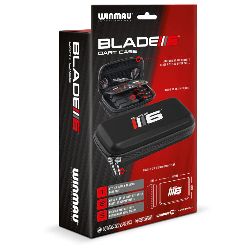 Angled view of Blade 6 dart case retail packaging with product render, storage compartments, and size diagram for darts equipment buyers