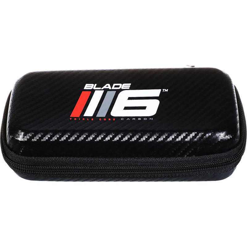 Top-down view of Blade 6 dart case with carbon texture, logo, and zipper, ideal for storing and protecting darts and accessories