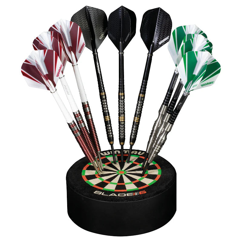 Dart dock holder displaying three sets of steel tip darts with different flight colors and barrel grips, angled view on white background