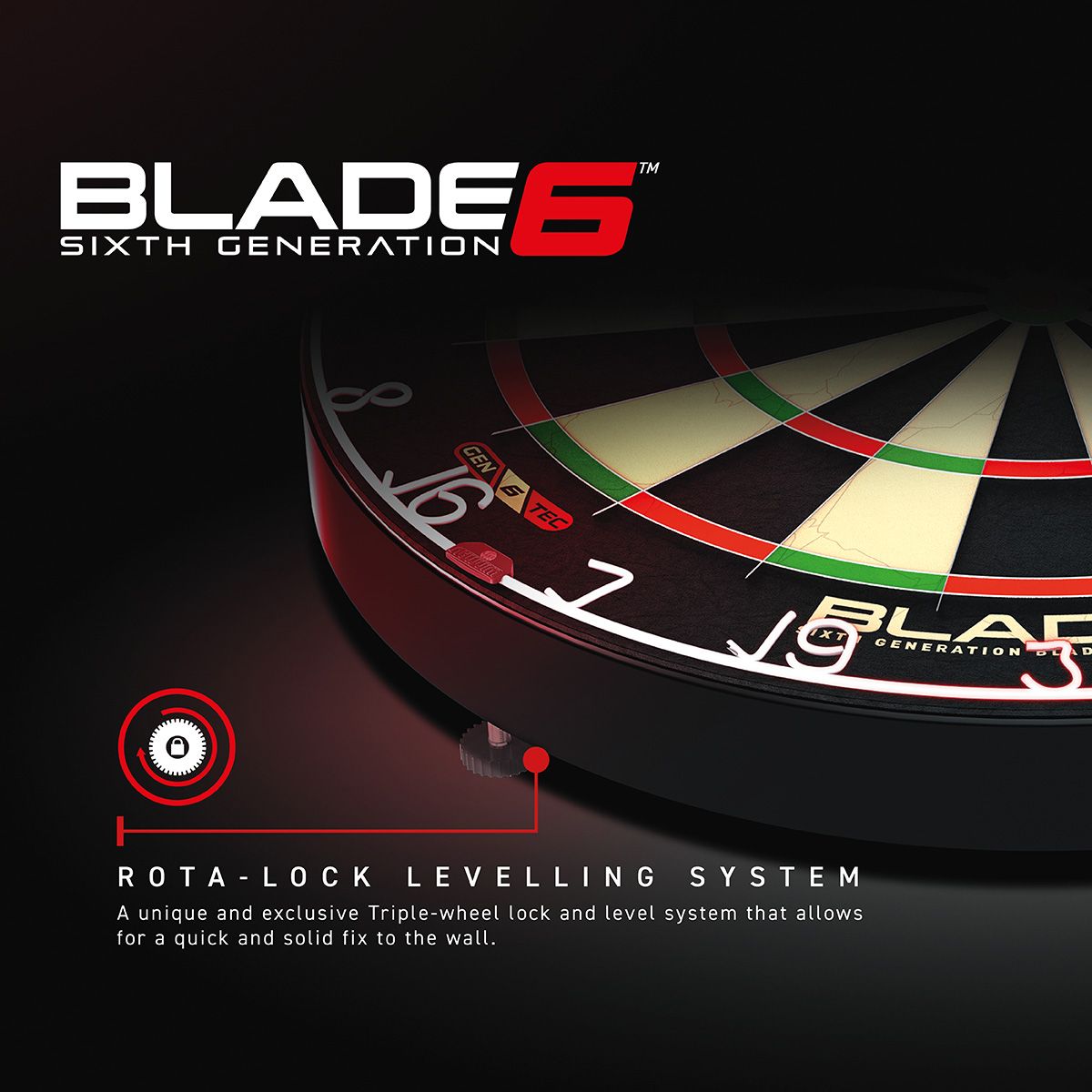 Angled close-up of Blade 6 dartboard highlighting Rota-Lock leveling wheel and triple wheel system under the board edge for secure wall mounting