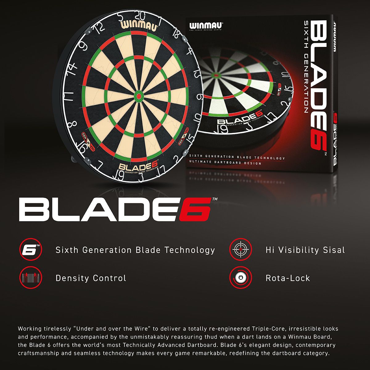 Blade 6 dartboard angled with box, sixth generation blade technology, hi visibility sisal, rota-lock system, for advanced darts play