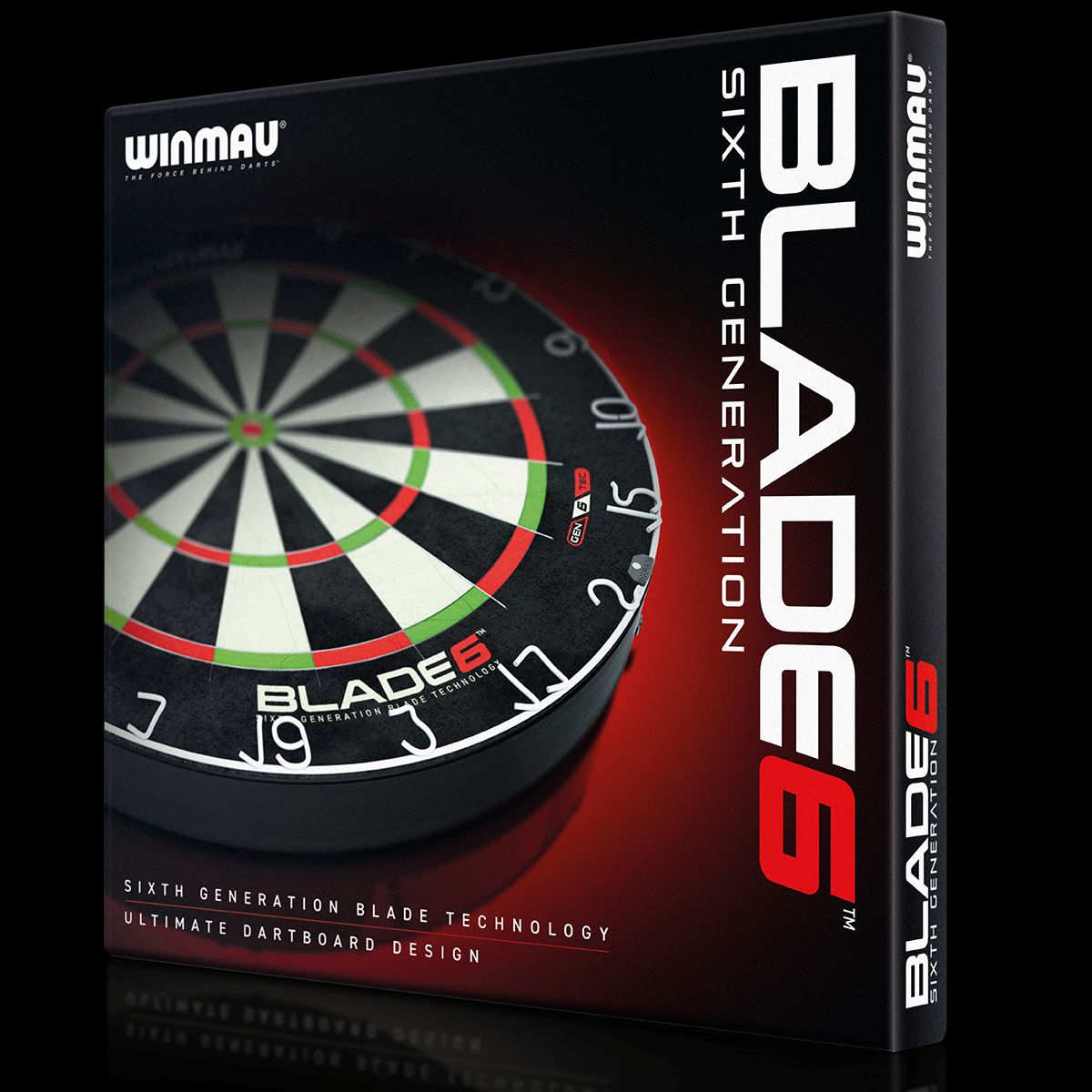 Blade 6 dartboard packaging angled view showing full dartboard design, wire segmentation, and sixth generation blade technology