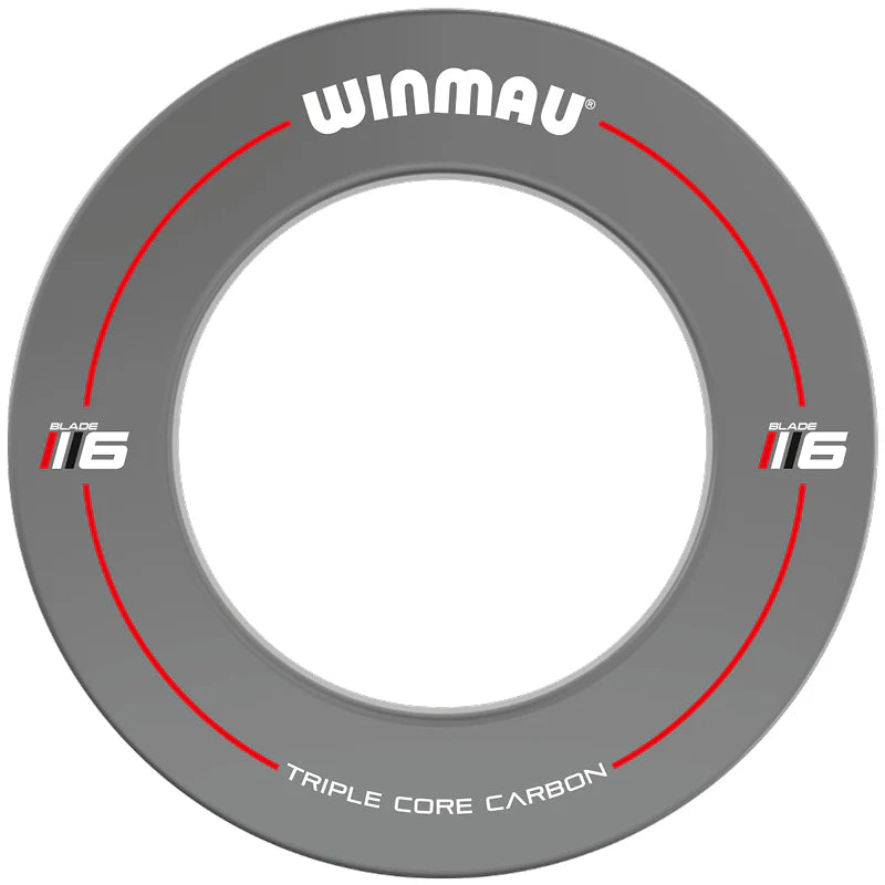 Grey dartboard surround ring with red lines, Blade 6 graphics, and triple core carbon text isolated on white background