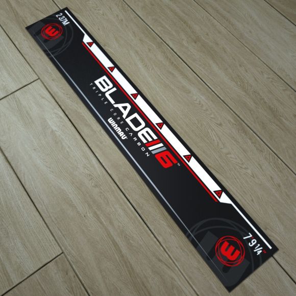 Angled view of Blade 6 oche throw line for darts, full product with distance markers, displayed on wood floor