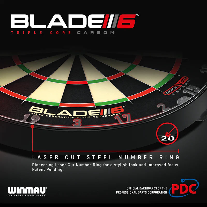 Angled close-up of Winmau Blade 6 Triple Core dartboard showing laser cut steel number ring and high-contrast scoring segments