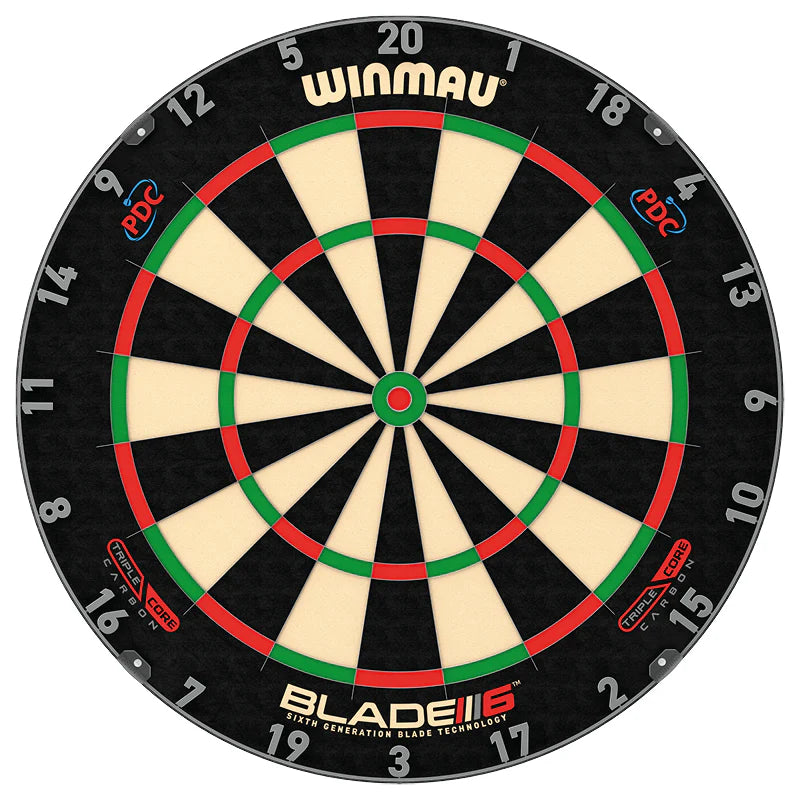 Full front view of Blade 6 Triple Core dartboard with numbered segments, razor wires, PDC logos, treble and double rings on white background