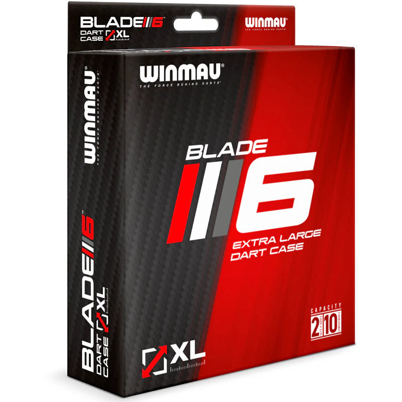 Angled view of Blade 6 XL dart case box showing extra large dart case packaging, holds two sets and features bold red graphics