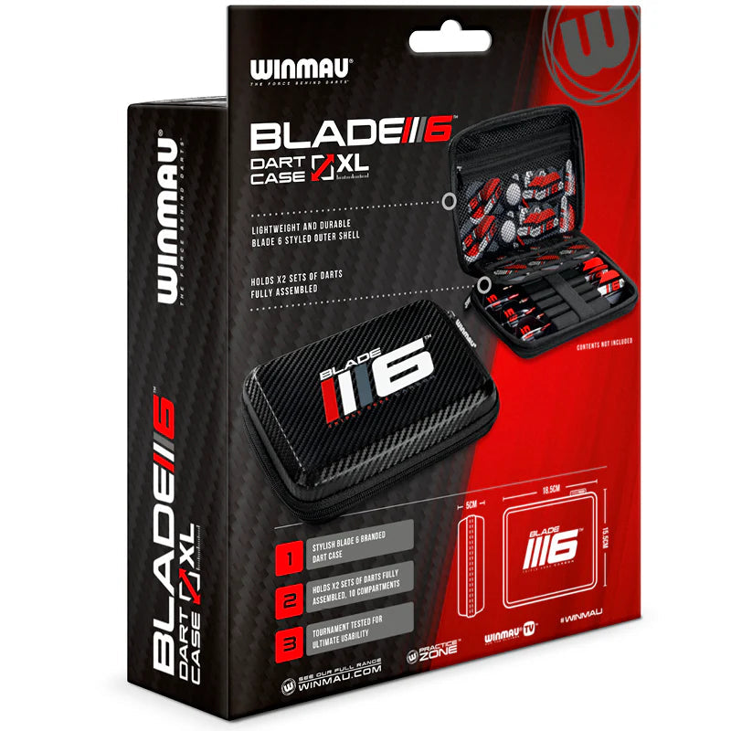Blade 6 XL Dart Case retail box angled view, features open dart case layout and internal storage for two sets of assembled darts.