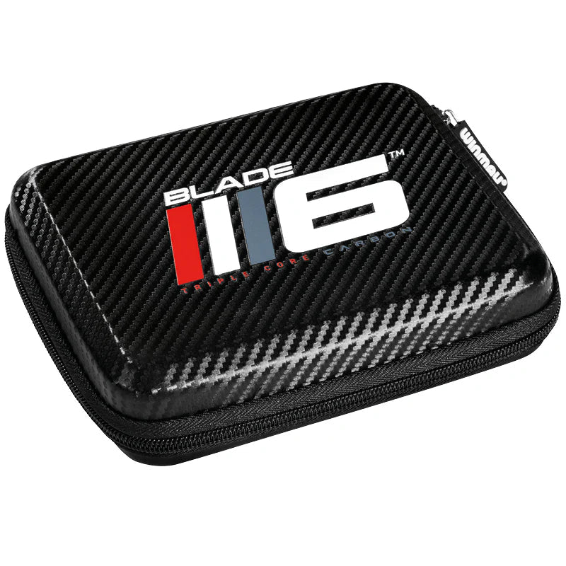 Angled view of carbon fiber pattern XL dart case with Blade 6 logo, durable zipper, isolated on white for darts storage
