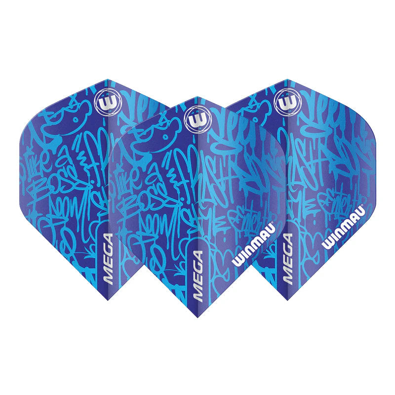 Three blue Mega standard dart flights with graffiti pattern, arranged side by side on white background, highlighting design and shape