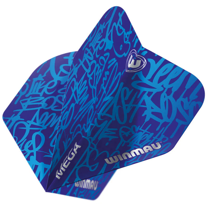 Angled close-up of blue mega standard dart flight with graffiti-style design, highlighting 75 micron thickness and reinforced edges