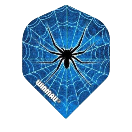 Blue spider dart flight mega standard size, close-up on white background, displaying web pattern for dartboard accuracy