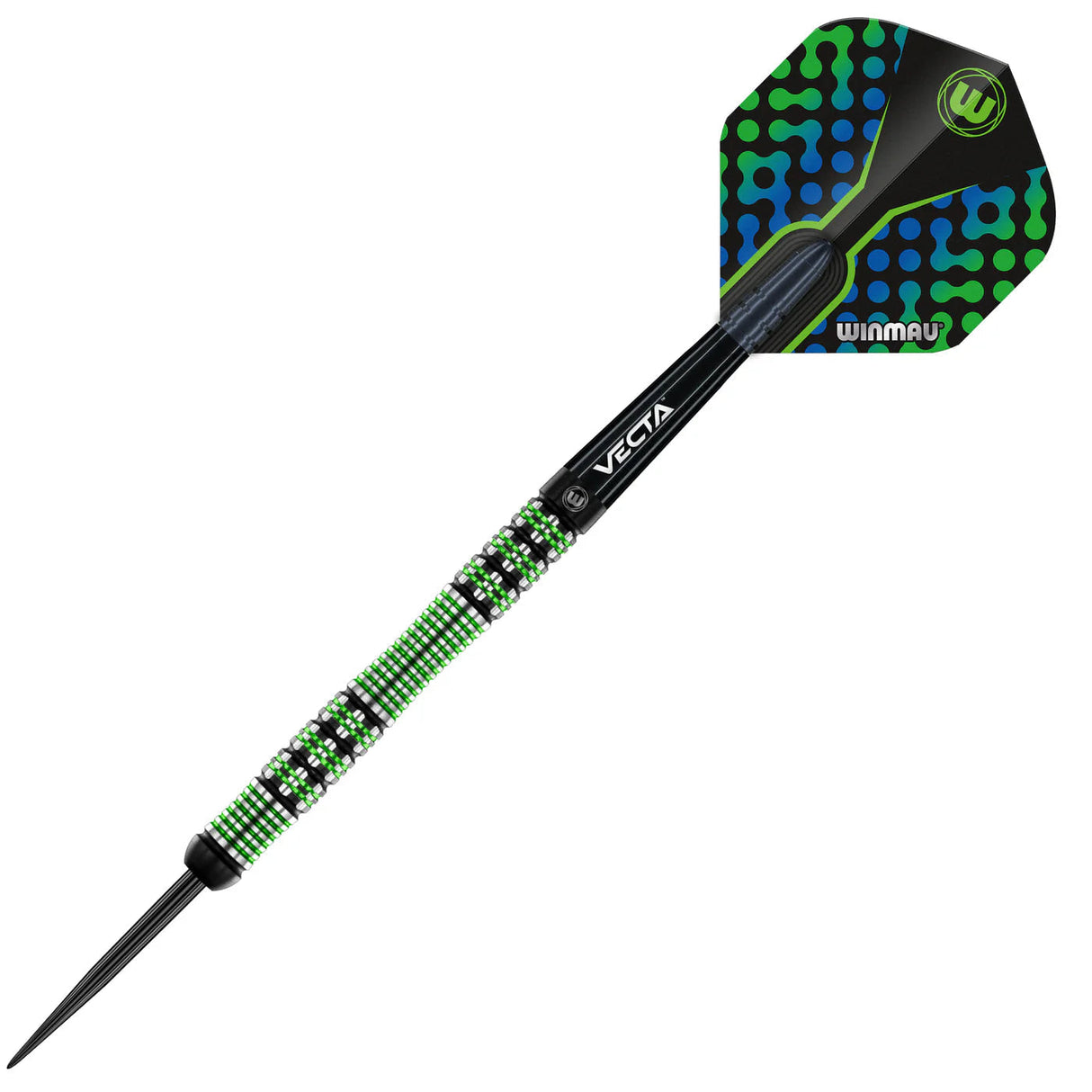 Full view tungsten dart isolated on white, highlighting precision knurled grip and colorful player edition flight design
