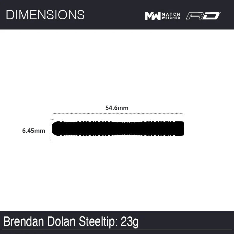 Dart barrel top-down view with dimensions 54.6mm x 6.45mm, steel tip 23g, ideal for tungsten dart buyers
