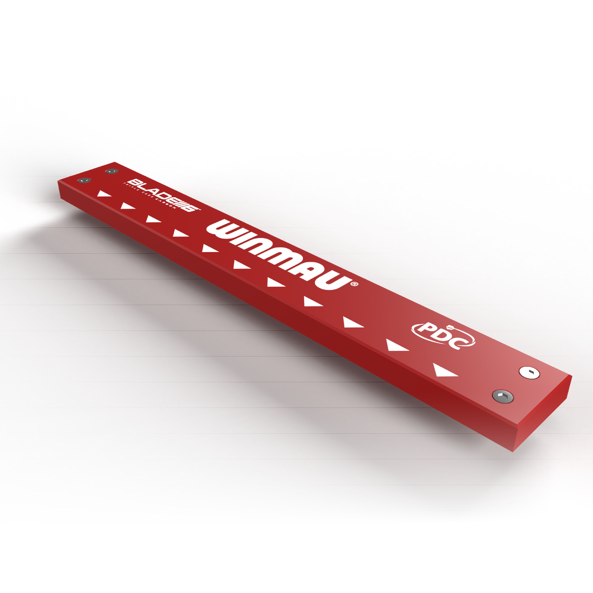 angled view of PVC dart mat oche showing arrow markers, PDC logo, and screws on an isolated dark background