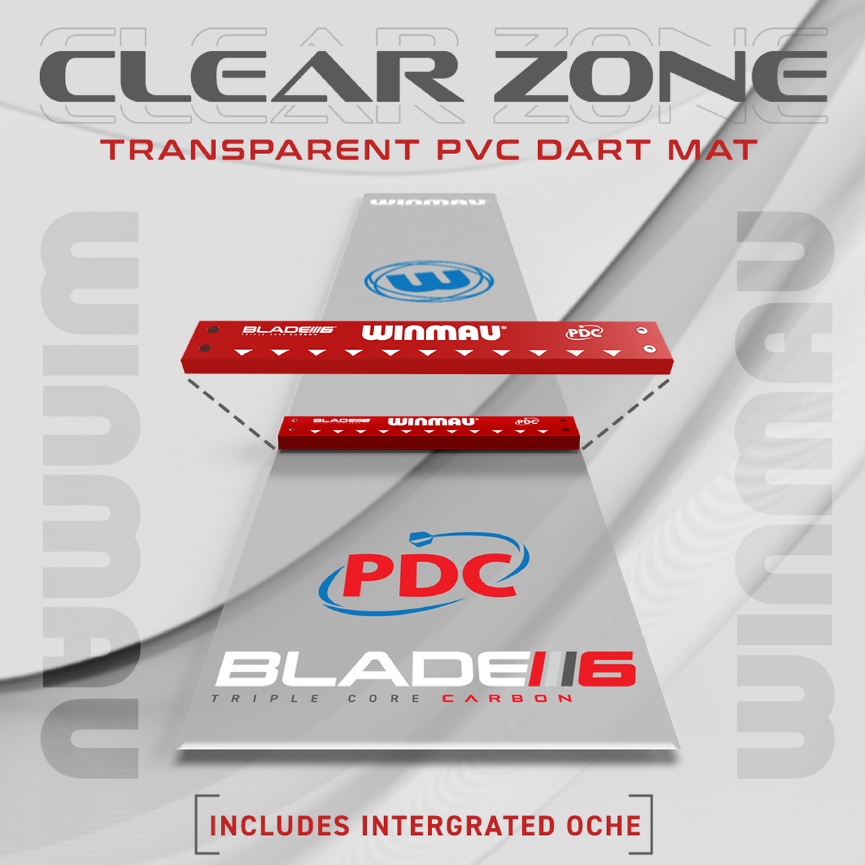 Angled view of transparent PVC dart mat with integrated red oche, scale markings, and printed PDC Blade 6 logos for darts setup