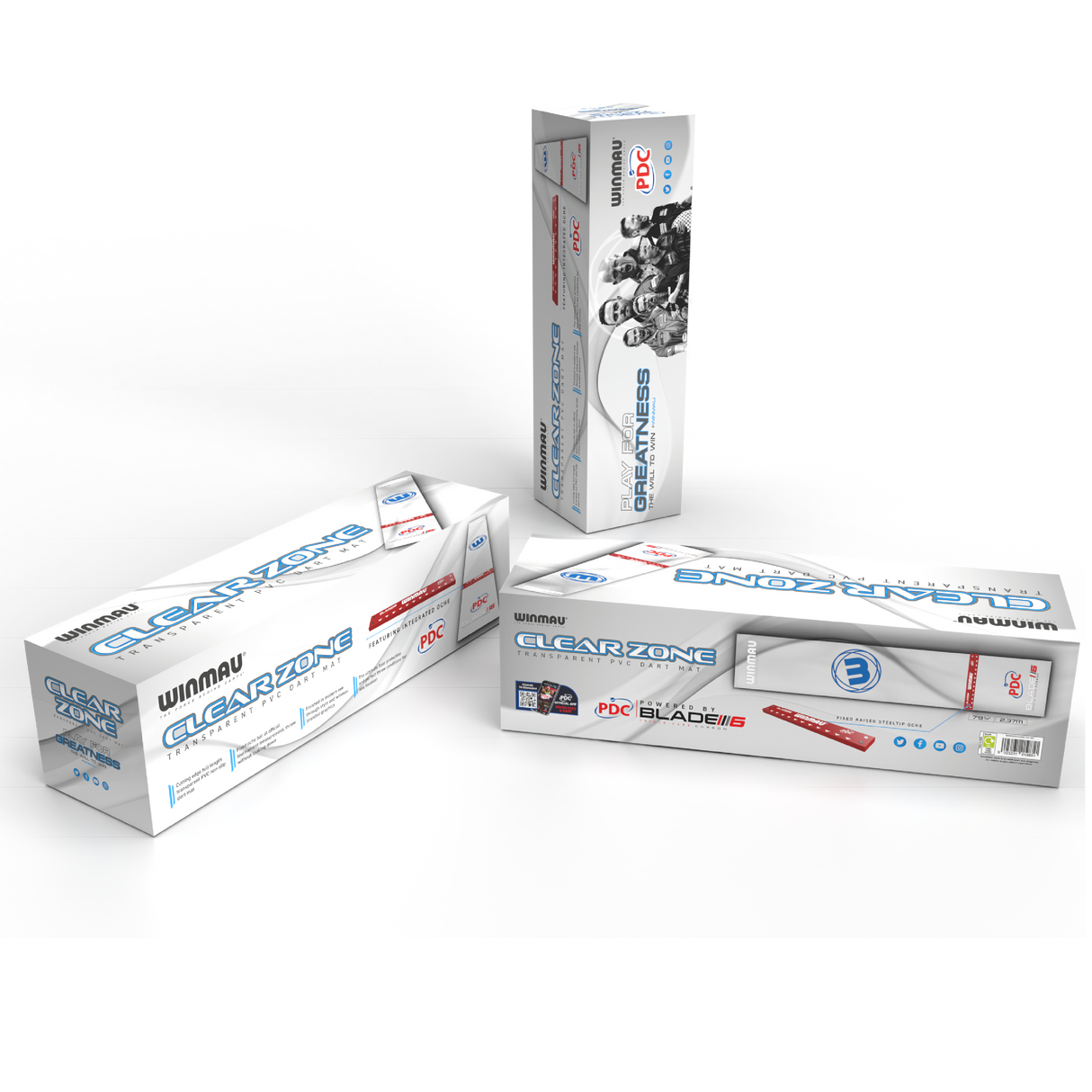 Angled view of three Winmau Clearzone PVC dart mat boxes on white background highlighting packaging design and integrated oche feature