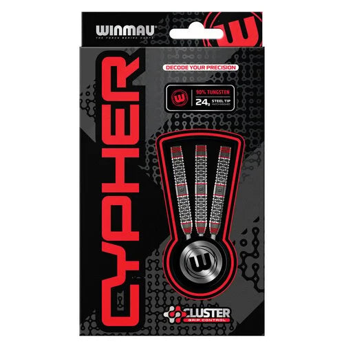 Three 90% tungsten steel tip darts arranged in branded retail packaging, showing knurled barrel grip detail