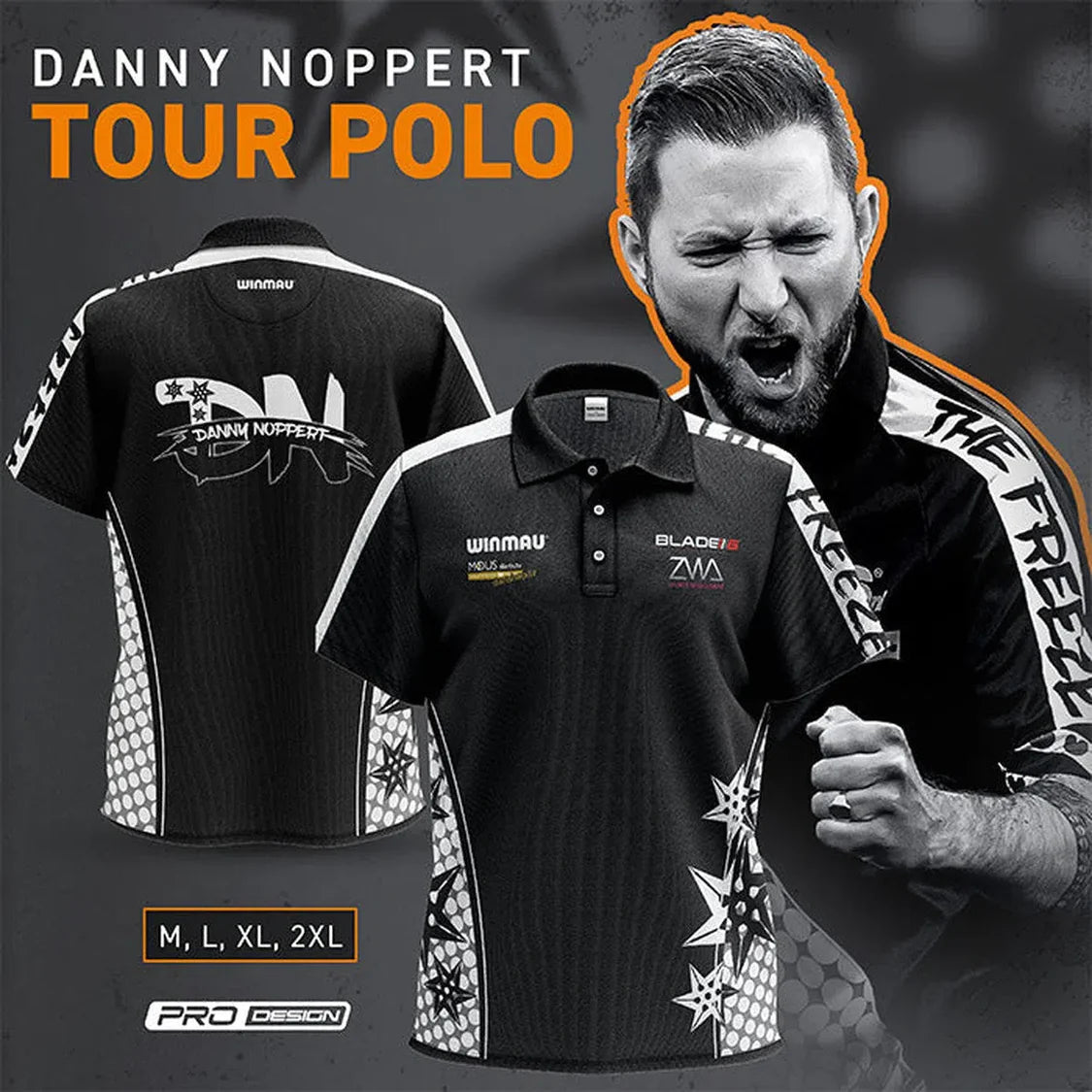 Front and back view of Danny Noppert darts shirt with star graphic panels, sponsor logos, and available sizes for dart players