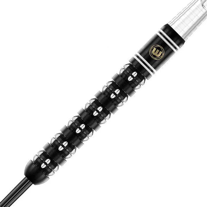 Close-up of 90% tungsten dart barrel showing precision grip rings and black grooved texture for enhanced dart control
