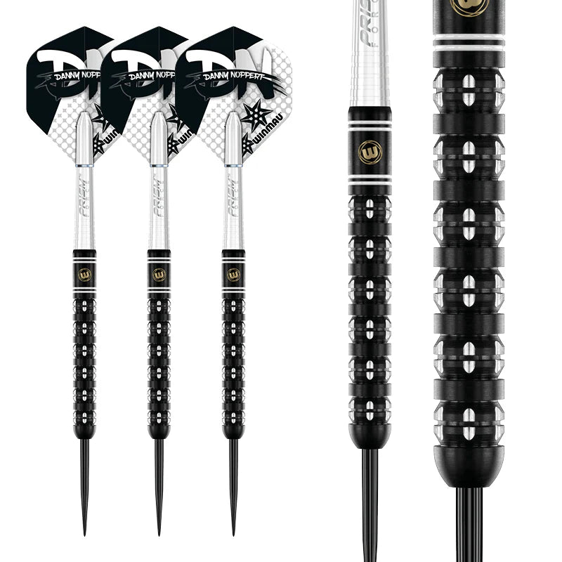 Three 90% tungsten darts on white background plus macro detail of black ringed barrel grip for precision and dart texture