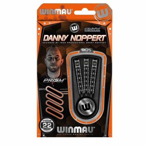 Steeltip tungsten darts set in retail packaging, three darts displayed with visible grip texture and flight, 22g weight highlighted