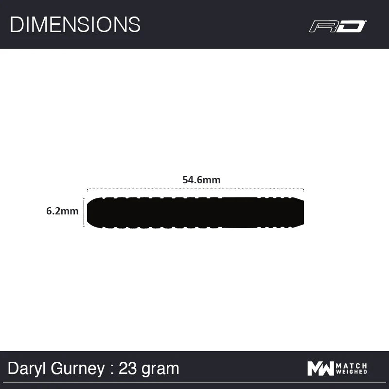 Daryl Gurney 23 gram dart barrel side profile with 54.6mm length and 6.2mm diameter dimensions, ideal for tungsten darts buyers