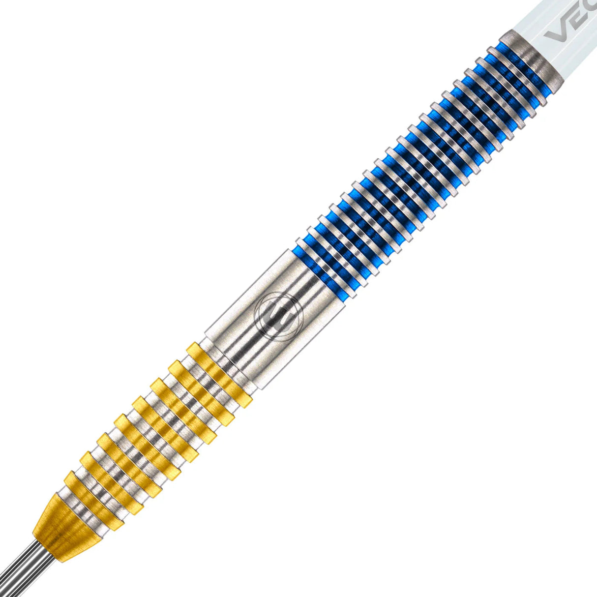 Close-up of Daryl Gurney SC 1.0 Series dart barrel showing 90% tungsten grip rings, precision blue and gold grooves, and laser engraving.