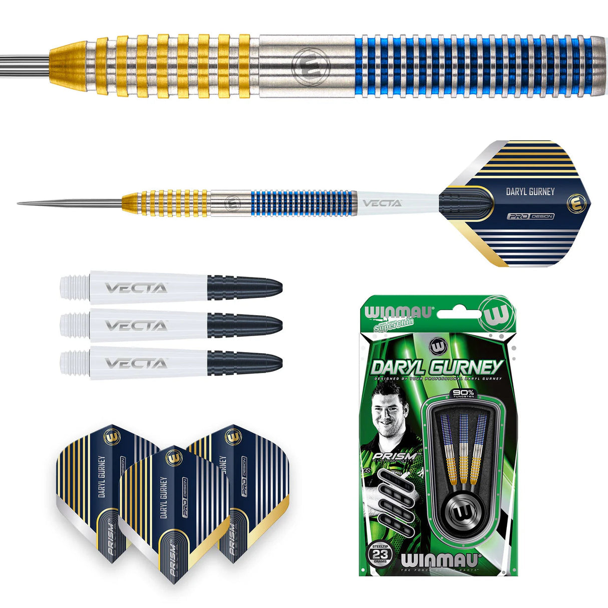 Full set of 90% tungsten darts with close-up barrel grip, flights, spare stems, and retail packaging on white background