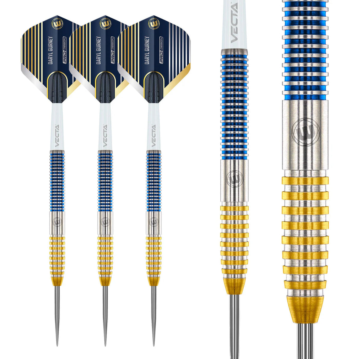 Angled full view of three 90 tungsten darts plus close-up on precision groove grip with blue and gold rings.