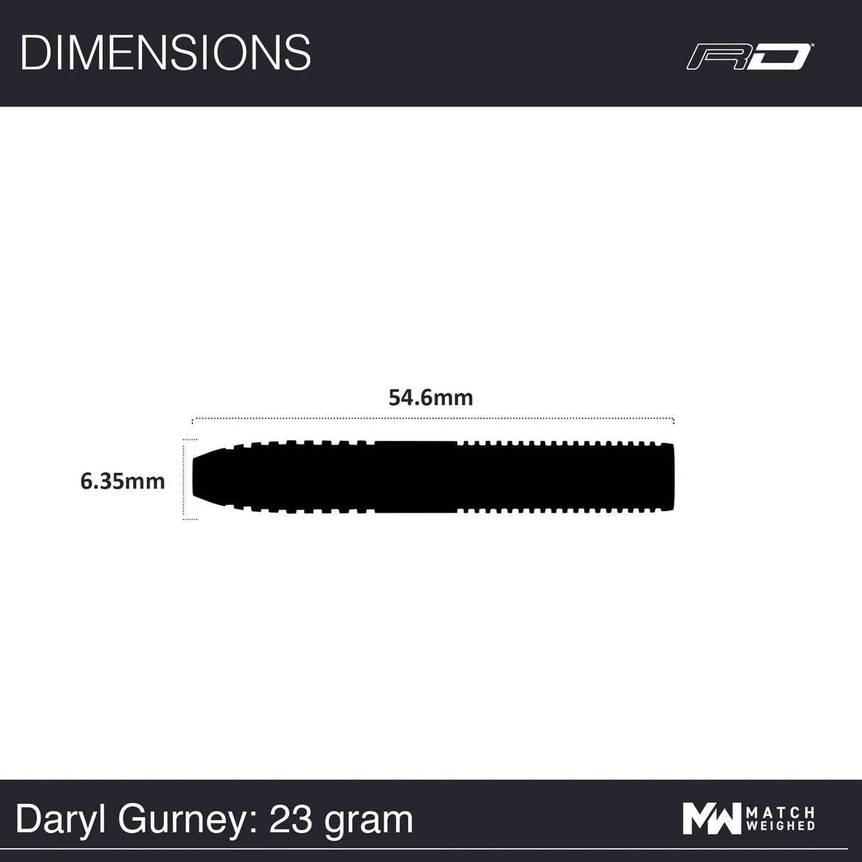 Dart barrel dimensions diagram showing 54.6mm length and 6.35mm diameter, ideal for tungsten darts buyers.