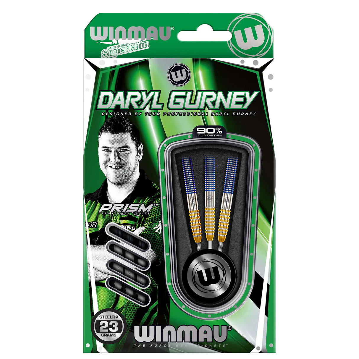 Full view of Daryl Gurney SC 1.0 90% tungsten darts in retail packaging, showcasing three steel tip darts with blue and yellow grips.